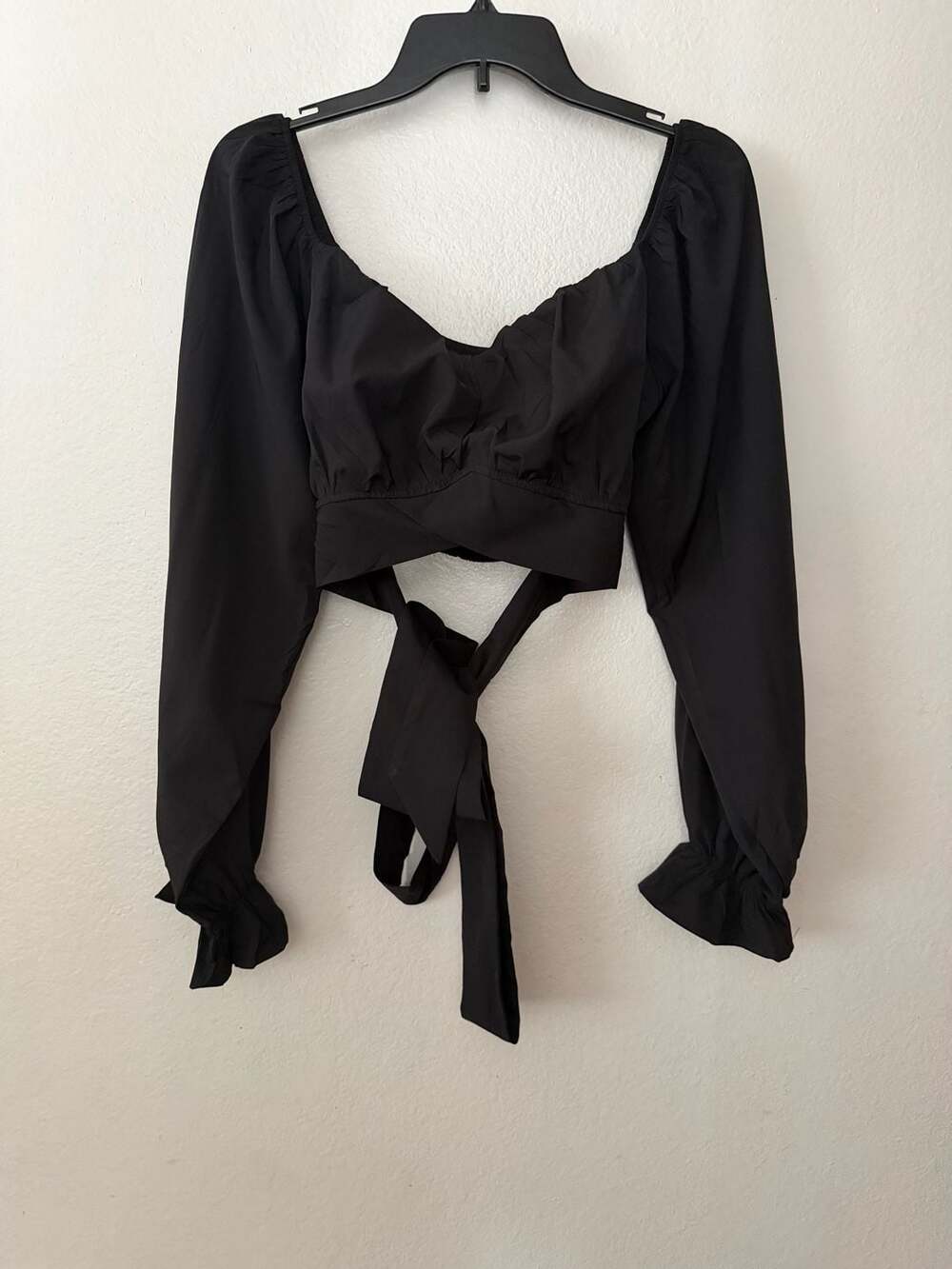 Rooscier Women's Ruched Square Neck Long Sleeve Self Tie Crop Top Blouse Black